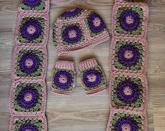 Plum Floral Hat, Scarf Fingerless Gloves Set Crocheted  display picture 2