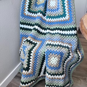 Fireside throw, handmade crochet, large, square, cozy blanket, rustic decor housewarming gift, 50 in, earthy greens and blues, white, beige