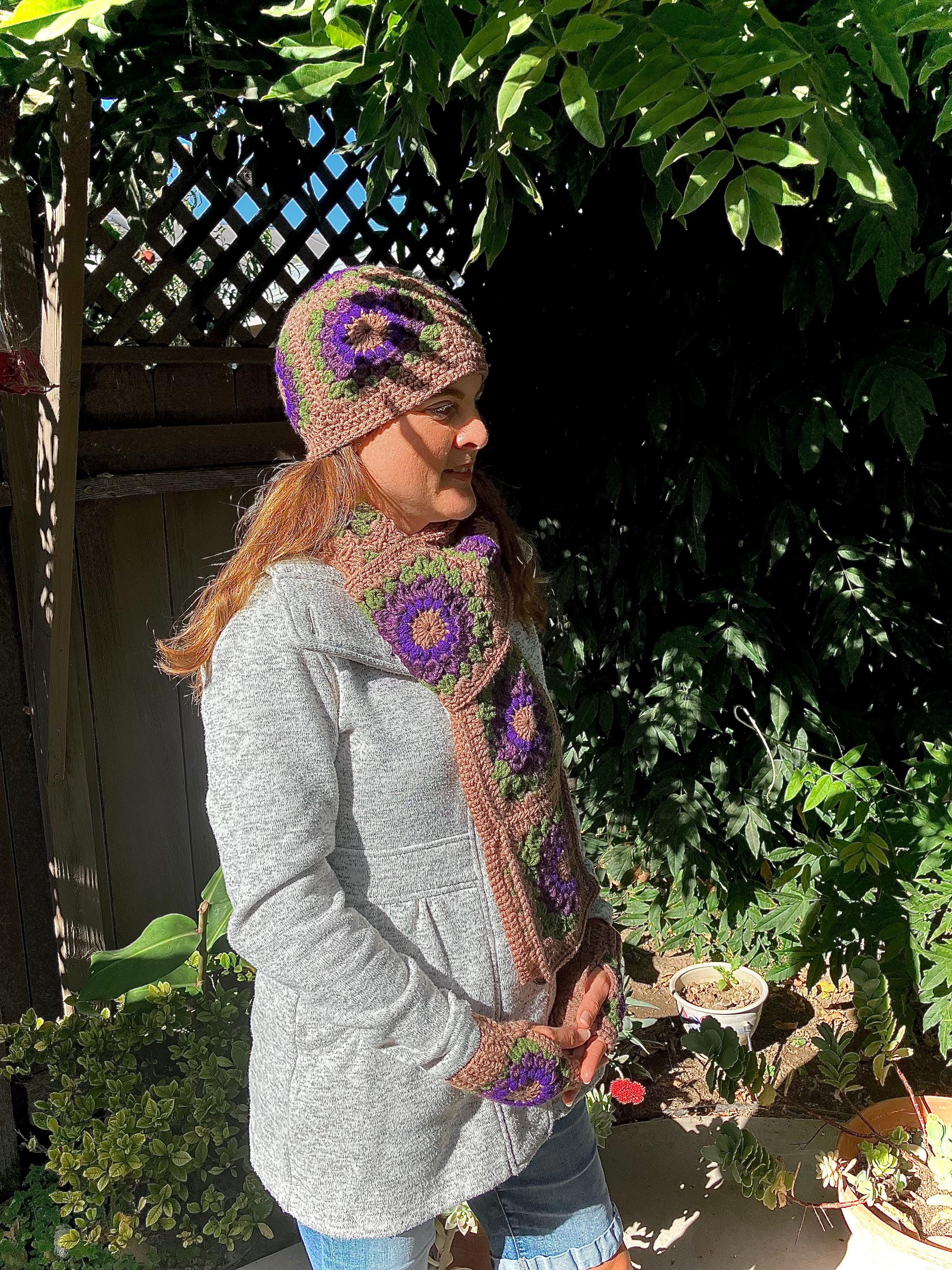 Plum Floral Hat, Scarf Fingerless Gloves Set Crocheted 