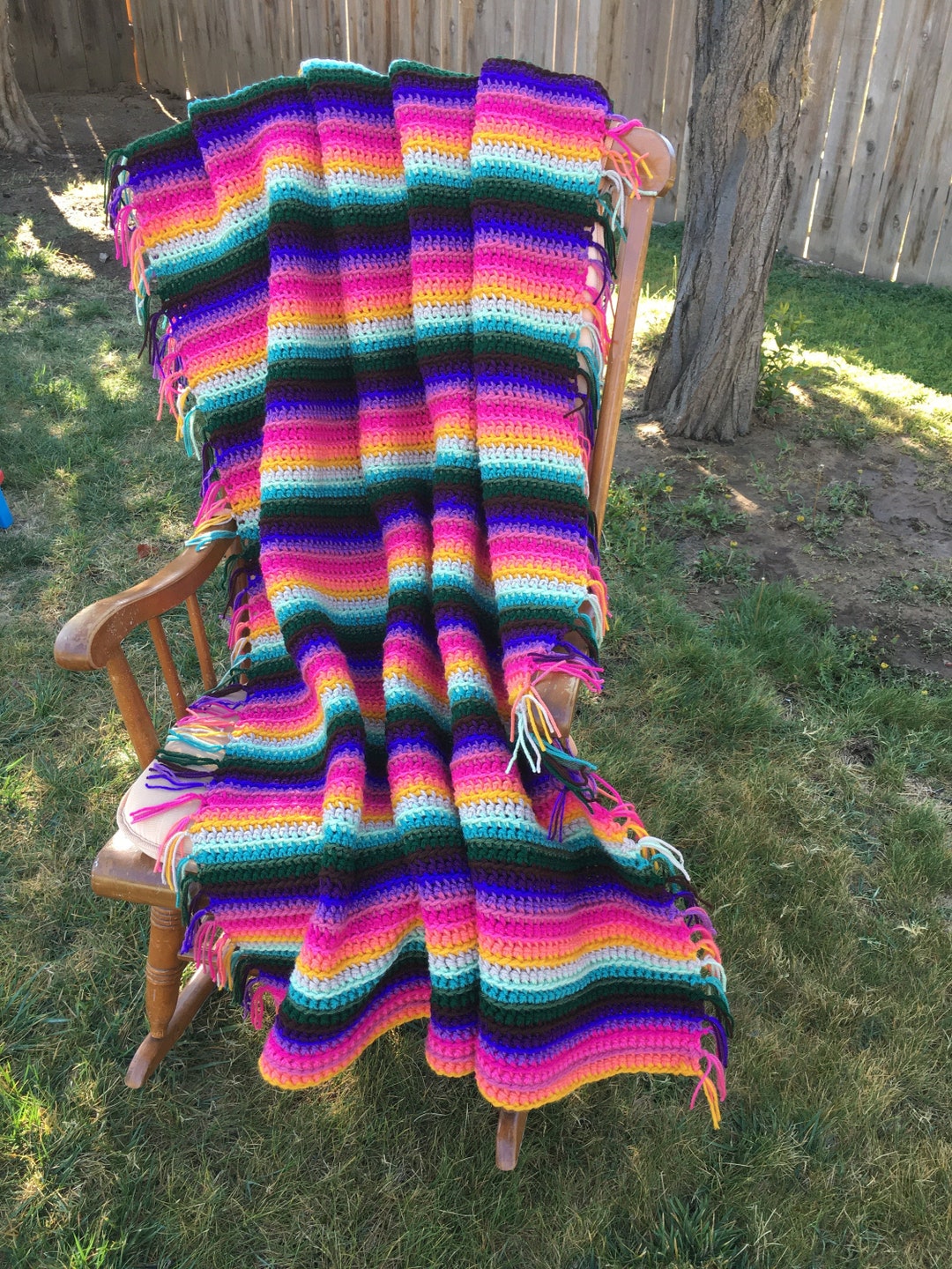 Heavy, Soft, Tasseled Handmade Crochet Throw Blanket, Afghan Colorful