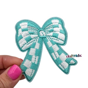 Checkered Teal Bow Patch, Bow Patch, Trucker Hat Patches, DIY Patch, Trendy Patch, Girly Patch, Embroidery Patch, Iron on Patch