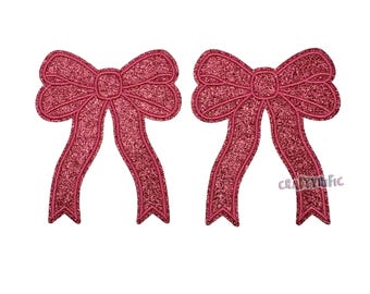 Bubblegum Pink Glitter Side Bow Patch Set of 2, Iron On Side Bows for Shirts, Glitter Bow Patch