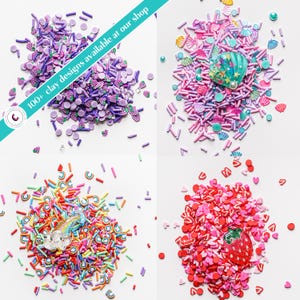May include: Four piles of colorful sprinkles and charms, including purple and pink sprinkles, rainbow sprinkles, and red and pink heart-shaped sprinkles. Each pile has a small decorative charm in the center.