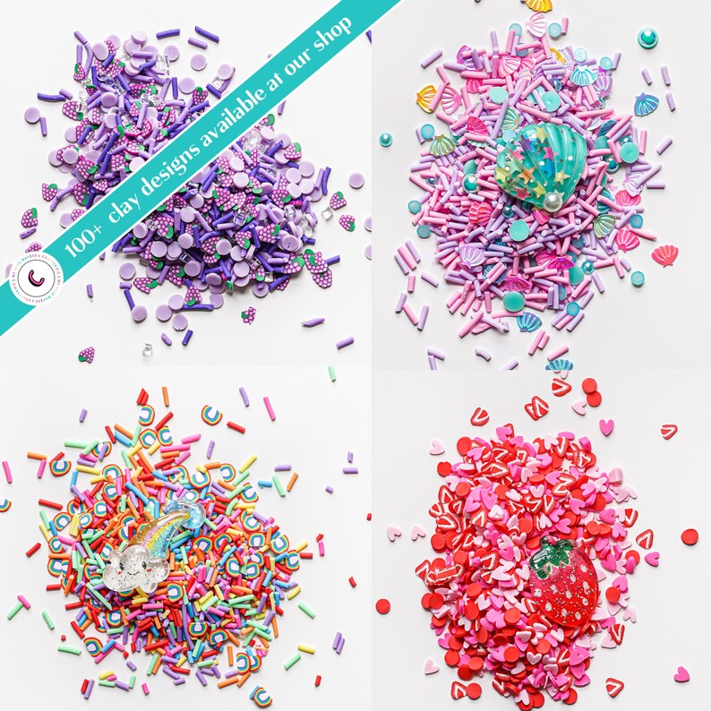 May include: Four piles of colorful sprinkles and charms, including purple and pink sprinkles, rainbow sprinkles, and red and pink heart-shaped sprinkles. Each pile has a small decorative charm in the center.