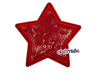 May include: Red sequin star-shaped patch with a red felt border. The patch is approximately 2 inches in diameter.