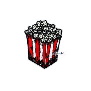 May include: Embroidered patch of a popcorn box. The box is red and white striped, filled with white popcorn. The patch has a black outline and the word "Craftyrific" is written on the side.