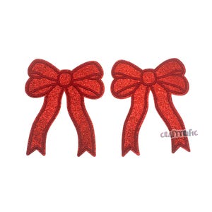 Red Glitter Side Bow Patch Set of 2, Iron On Side Bows for Shirts, Glitter Bow Patch