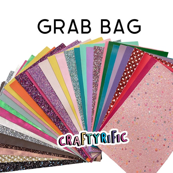 10 Sheets Grab Bag Faux Leather Packs, Slightly Flawed, Random Mixed Printed Sheets, Solid Colors and Glitters Grab Bag, Scrap Bag