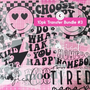 May include: A sheet of 10 iron-on transfer designs for crafting. The designs include phrases like "Choose Happy", "Do What Makes You Happy", "Homebody", "Motivated", and "Magical".