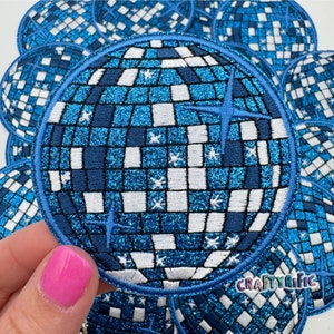 3.15&quot; Blue Disco Ball Patch, Trucker Hat Patch, Patch for Hat, DIY Patch, Glitter Patch, Embroidered Patch, Iron On Patch