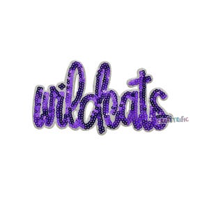 May include: Purple sequin iron-on patch with the word "Wildcats" in a cursive font.