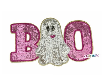 Halloween Boo Ghost Sequin Patch, Large Patches, Sequin Iron On Patch, T-Shirt patch, Heat Transfer Patch