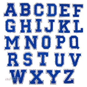 May include: A set of 26 iron-on alphabet letters in a blue and silver color scheme. The letters are uppercase and have a classic varsity style.