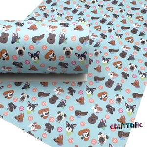 Dogs Faux Leather Sheet, Blue Dog Leather, Dog Lover, Cute Dogs Custom Fabric, Custom Printed Leather
