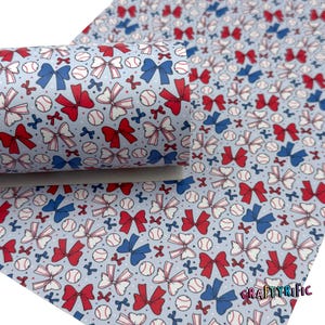 Baseball Faux Leather Sheet, Baseballs and Bows Print, Coquette Custom Printed Leather