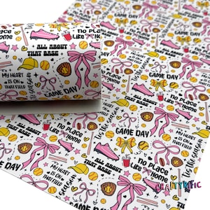 Softball Faux Leather Sheet, Pink Game Day Print, Girly Softball Print, Sports Custom Printed Leather