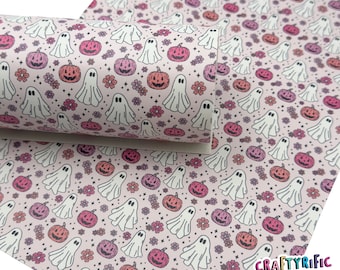 Ivory Pumpkin Ghosts Faux Leather Sheet, Halloween Faux Leather Sheets, Halloween Themed Leatherette for Crafts