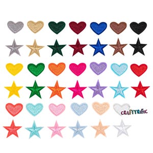 May include: A collection of embroidered patches in various colors and shapes, including hearts and stars. The patches are in shades of silver, gold, green, red, blue, brown, black, yellow, orange, pink, and purple. The patches are arranged in rows and columns.