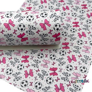 Soccer Faux Leather Sheet, Soccer Bow Print, Coquette Sports Custom Printed Leather