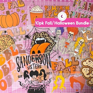 May include: A digital download of 10 Halloween and fall themed images. The images include a pumpkin, a witch, a cauldron, a spiderweb, a coffee cup, and the text "Fall Vibes" and "Sanderson Sisters".