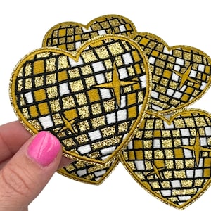 Gold Disco Ball Heart Patch, Trucker Hat Patch, Patch for Hat, DIY Patch, Glitter Patch, Embroidered Patch, Iron On Patch