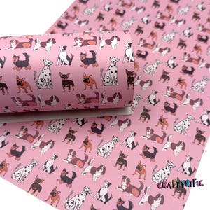 Dogs Faux Leather Sheet, Pink Dog Leather, Dog Lover, Cute Dogs Custom Fabric, Custom Printed Leather