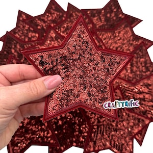 Maroon Star Patch, Sequin Star Patch, 5&quot; Inch Star Patch, Iron on patch, Jacket Patch, Trucker Hat Patch