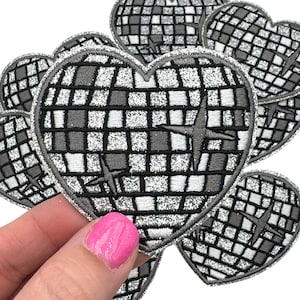 Silver Disco Ball Heart Patch, Trucker Hat Patch, Patch for Hat, DIY Patch, Glitter Patch, Embroidered Patch, Iron On Patch