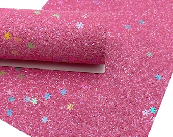 Pink Snowflakes Chunky Glitter fabric Sheets, Chunky Glitter Faux Leather, Glitter Fabric for Bows and Crafts
