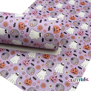 Groovy Ghosts Faux Leather Sheet, Halloween Faux Leather Sheets, Halloween Themed Leatherette for Crafts