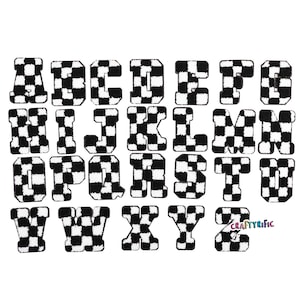 May include: A full alphabet of black and white checkered fabric letters. Each letter is a different shape and size, with a bold, blocky font. The letters are arranged in rows and columns, with the letters A through Z visible.
