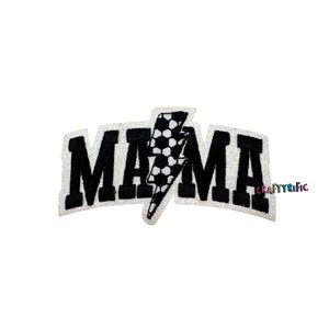 May include: Black and white embroidered iron-on patch with the word "MAMA" in a bold font and a checkered lightning bolt design.