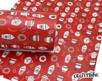 May include: Red fabric with a repeating pattern of white coffee cups with whipped cream, donuts, and autumn leaves. The fabric has the text "CRAFTYRIFIC" in the bottom right corner.
