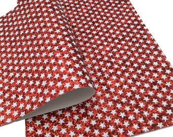 Stars on Red  Chunky Glitter Canvas Sheets, Chunky Material Canvas, Glitter Canvas Sheet, Glitter Fabric Sheet, Material for Bows