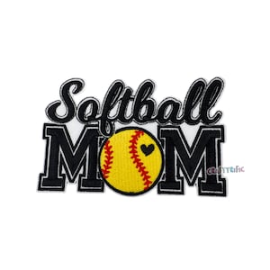 May include: Black and yellow embroidered patch with the text "Softball Mom" and a softball with a red heart.