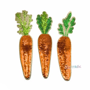 May include: Three orange carrot-shaped patches with green leafy tops made of sequins. The patches are perfect for adding a fun and festive touch to any project.