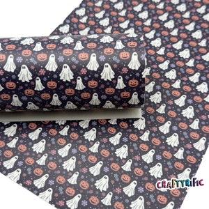 Black Pumpkin Ghosts Faux Leather Sheet, Halloween Faux Leather Sheets, Halloween Themed Leatherette for Crafts