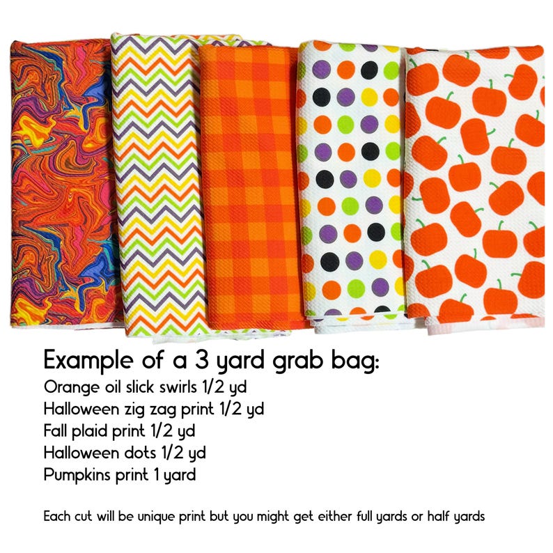 K&ouml;nnte beinhalten: Ein 3-Yard-Grab-Bag mit Stoffresten mit f&uuml;nf verschiedenen Halloween-Motiven: orangefarbene &Ouml;lschlieren, Zickzack, Karos, Punkte und K&uuml;rbisse. Jeder Druck ist 1/2 Yard, au&szlig;er der K&uuml;rbisdruck, der 1 Yard ist.