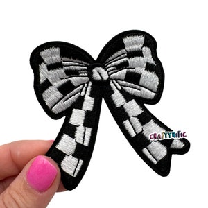 Checkered Black and White Bow Patch, Bow Patch, Trucker Hat Patches, DIY Patch, Trendy Patch, Girly Patch, Embroidery Patch, Iron on Patch