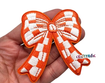 Checkered Orange Bow Patch, Bow Patch, Trucker Hat Patches, DIY Patch, Trendy Patch, Girly Patch, Embroidery Patch, Iron on Patch