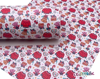 May include: White faux leather sheet with a repeating pattern of red Christmas sweaters, candy canes, bells, gingerbread cookies, and gift boxes. The sheet is rolled up and the text "CRAFTYrific" is visible in the bottom right corner.