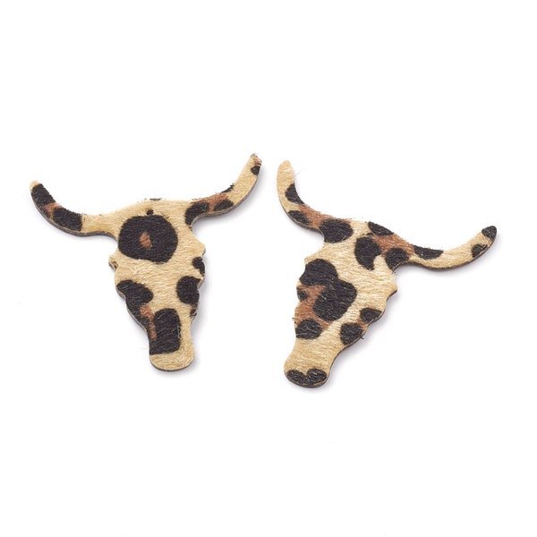 LEOPARD Print Faux Fur Bull Head 4 Pairs, 2 Inch Faux Leather Shape, Double Sided, Bull Head for Earring Making, C034
