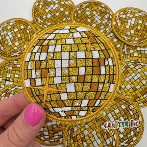 3.15&quot; Gold Disco Ball Patch, Trucker Hat Patch, Patch for Hat, DIY Patch, Glitter Patch, Embroidered Patch, Iron On Patch