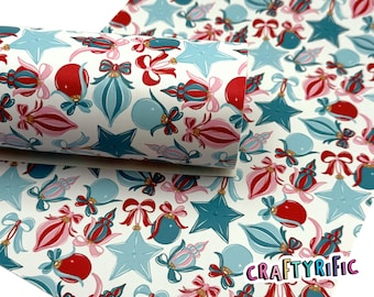 Christmas Ornaments Faux Leather Sheets, Holiday Print Leatherette, Faux Leather for Crafts