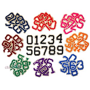 May include: Assortment of iron-on numbers in various colors, including red, blue, green, purple, orange, pink, and black. The numbers are outlined in gold and range from 0 to 9.