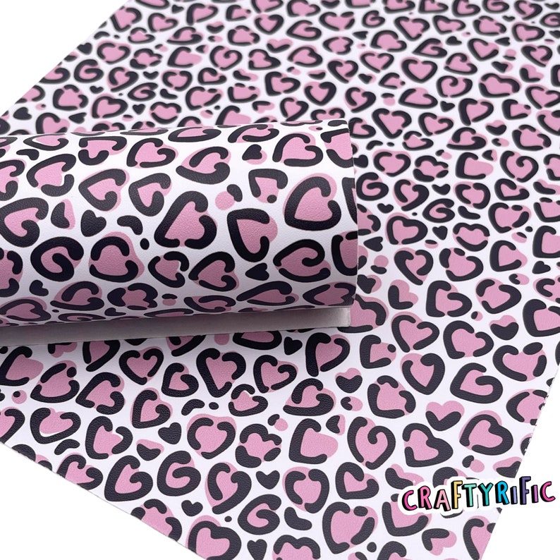 Pink Leopard Hearts Print Smooth Faux Leather Sheets, 8x11 Size, Custom ...