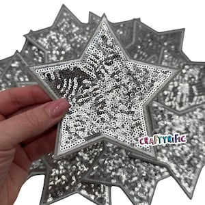 Silver Star Patch, Sequin Star Patch, 5&quot; Inch Star Patch, Iron on patch, Jacket Patch, Trucker Hat Patch