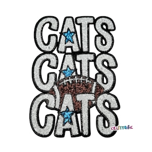 May include: A white, silver, and blue iron-on patch with the word "CATS" repeated three times. A brown and white football is in the center of the patch.