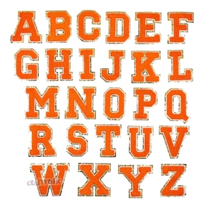 May include: Orange felt alphabet letters with gold glitter trim. Each letter is approximately 2 inches tall.