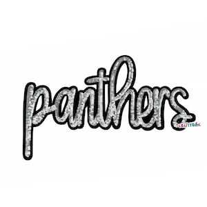 May include: Silver glitter iron-on patch with the word "Panthers" in a cursive font. The patch has a black outline.